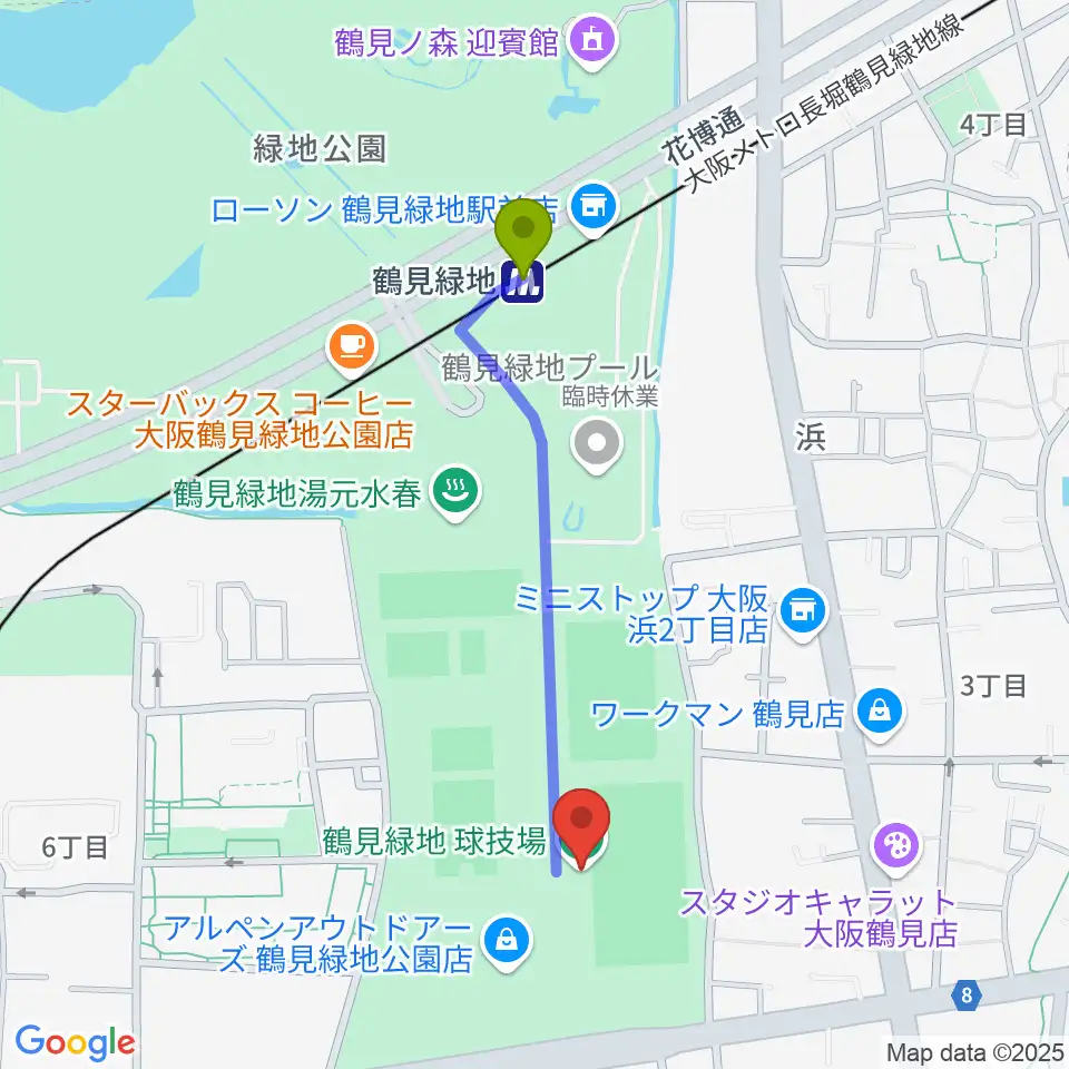 鶴見緑地球技場の最寄駅鶴見緑地駅からの徒歩ルート（約9分）地図