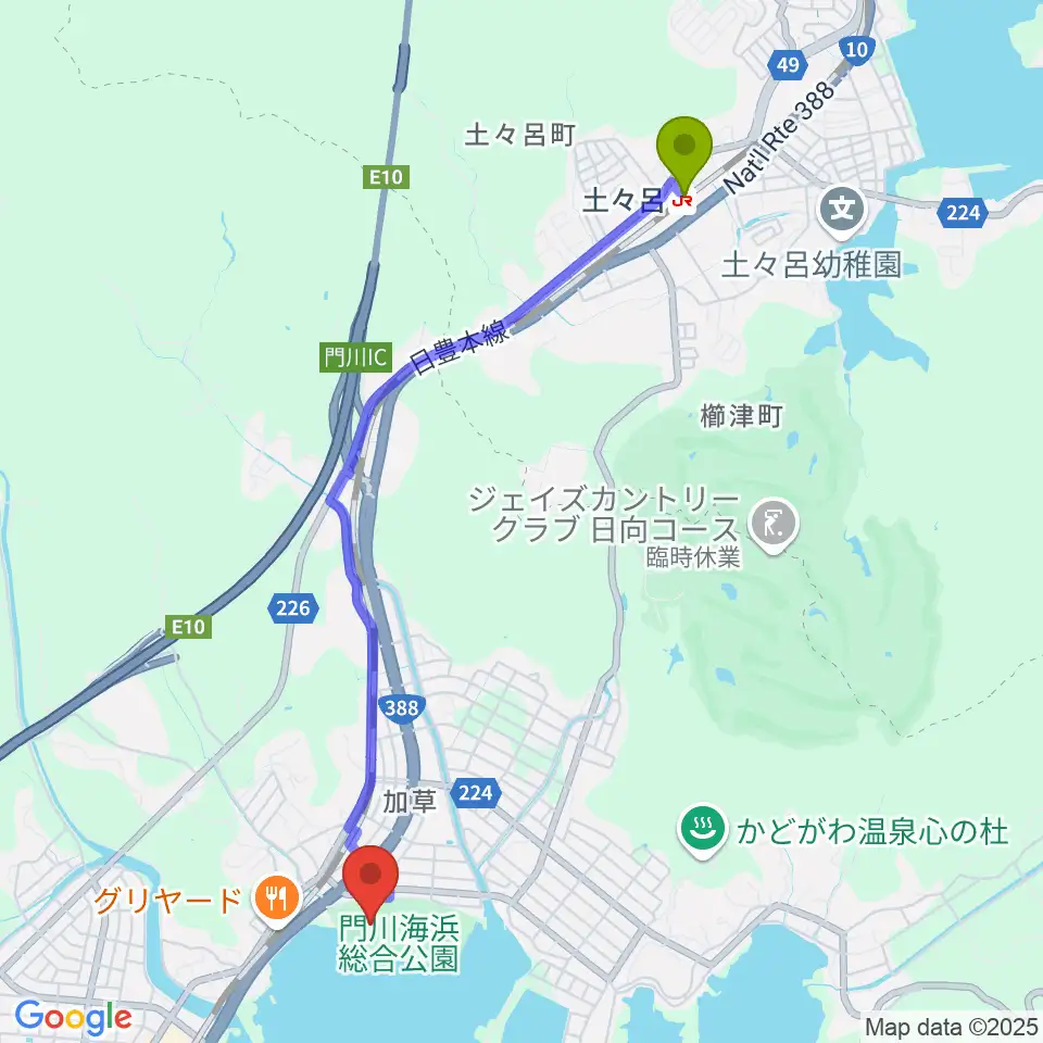 土々呂駅から門川海浜総合公園野球場へのルートマップ地図