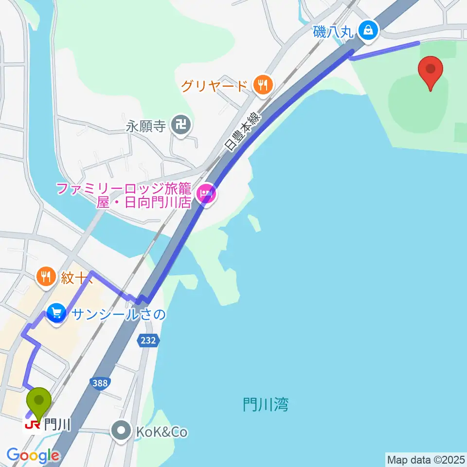 門川海浜総合公園野球場の最寄駅門川駅からの徒歩ルート（約18分）地図