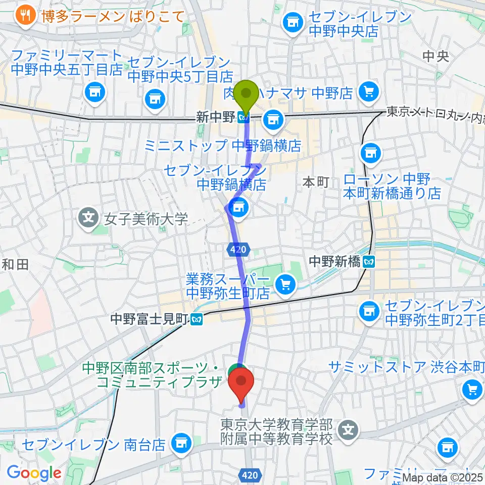 新中野駅からStudio Move 705へのルートマップ地図