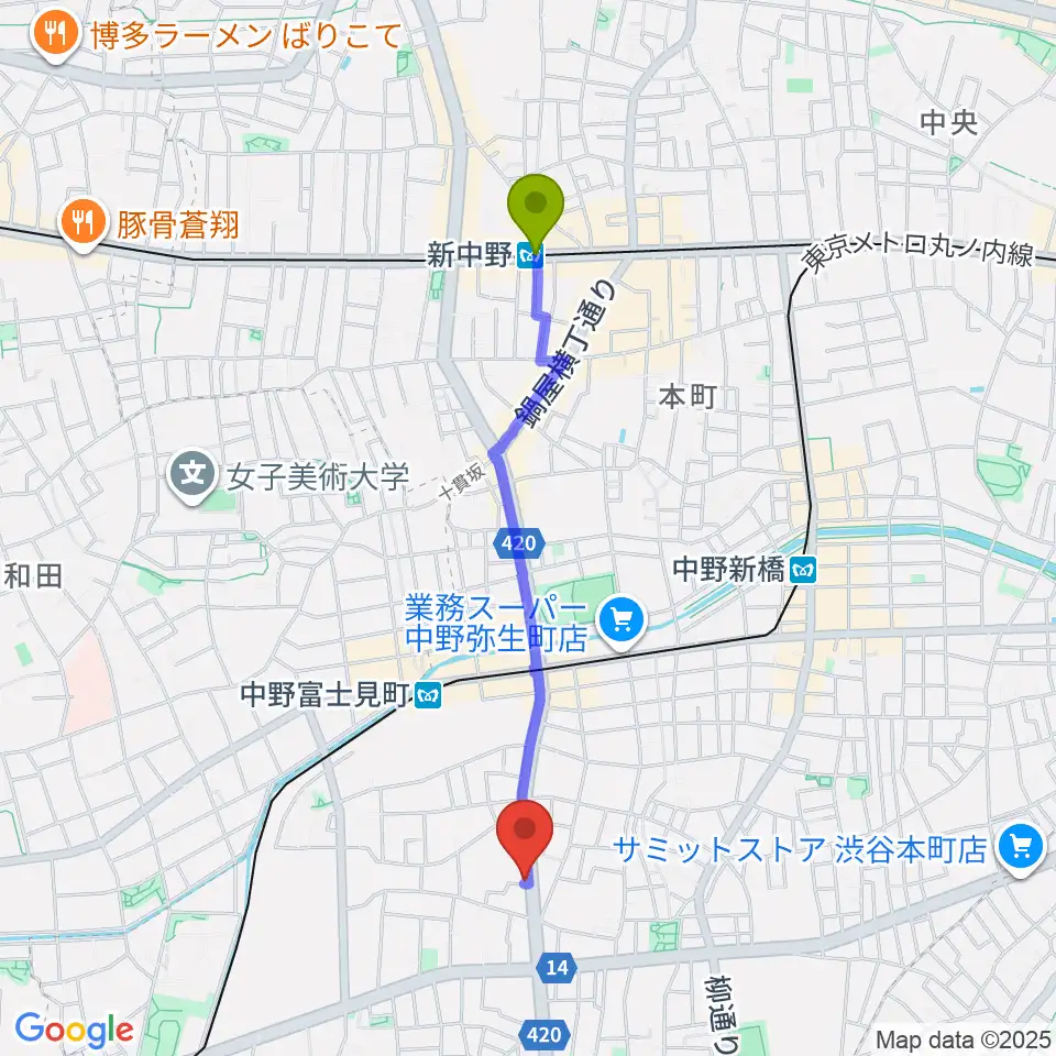 新中野駅からStudio Move 705へのルートマップ地図