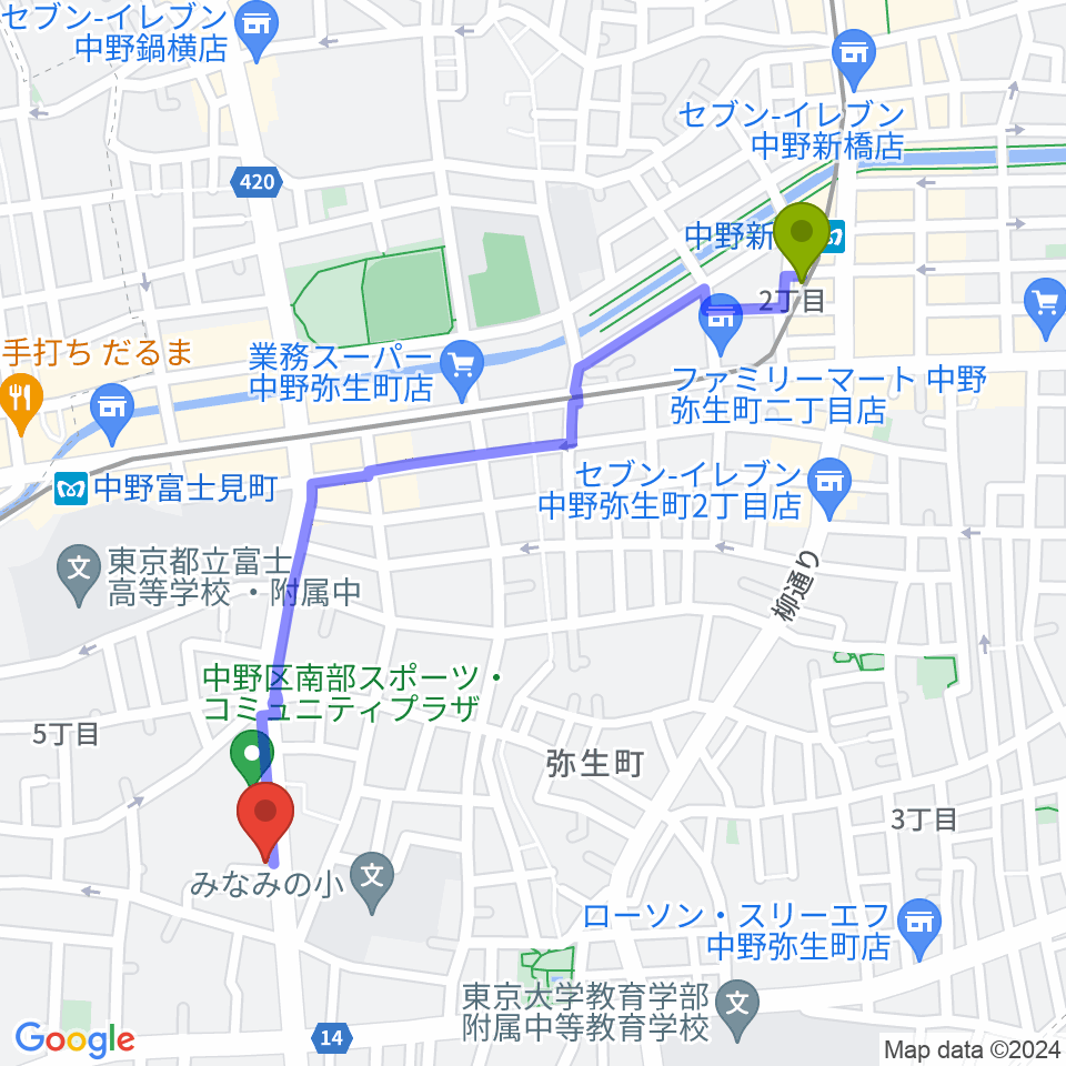 中野新橋駅からStudio Move 705へのルートマップ地図