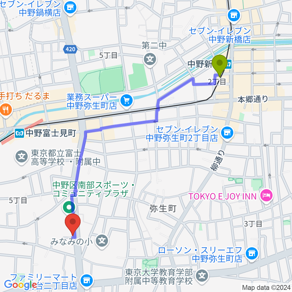 中野新橋駅からStudio Move 705へのルートマップ地図