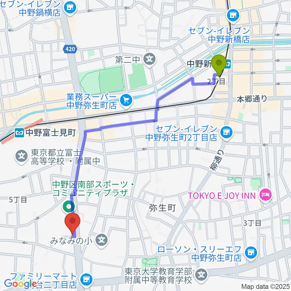 中野新橋駅からStudio Move 705へのルートマップ地図