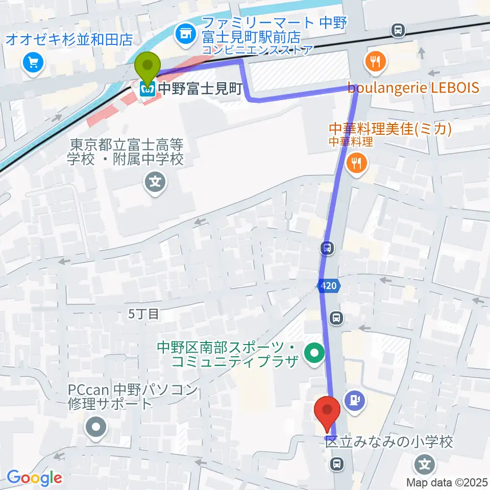 Studio Move 705の最寄駅中野富士見町駅からの徒歩ルート（約6分）地図