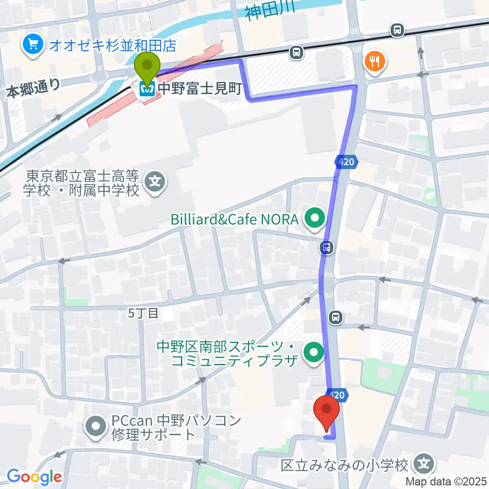 Studio Move 705の最寄駅中野富士見町駅からの徒歩ルート（約6分）地図