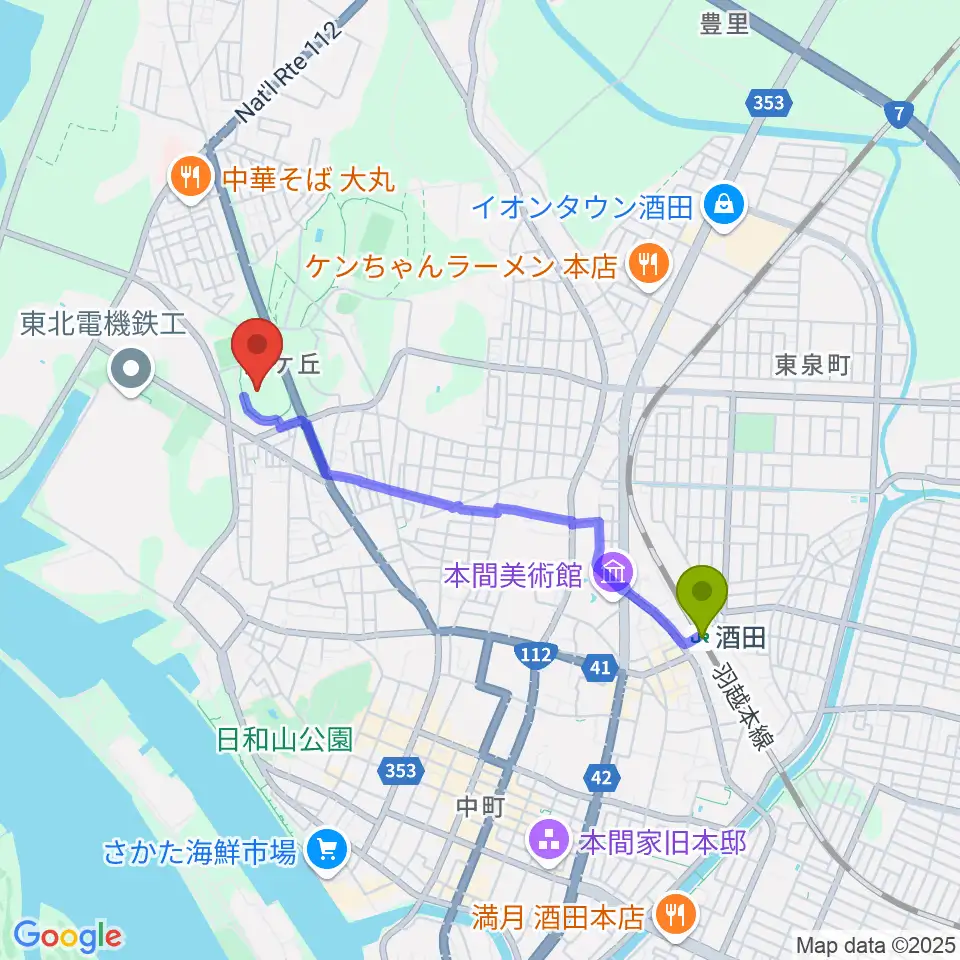 DENKI TEKKOフィールドの最寄駅酒田駅からの徒歩ルート（約32分）地図