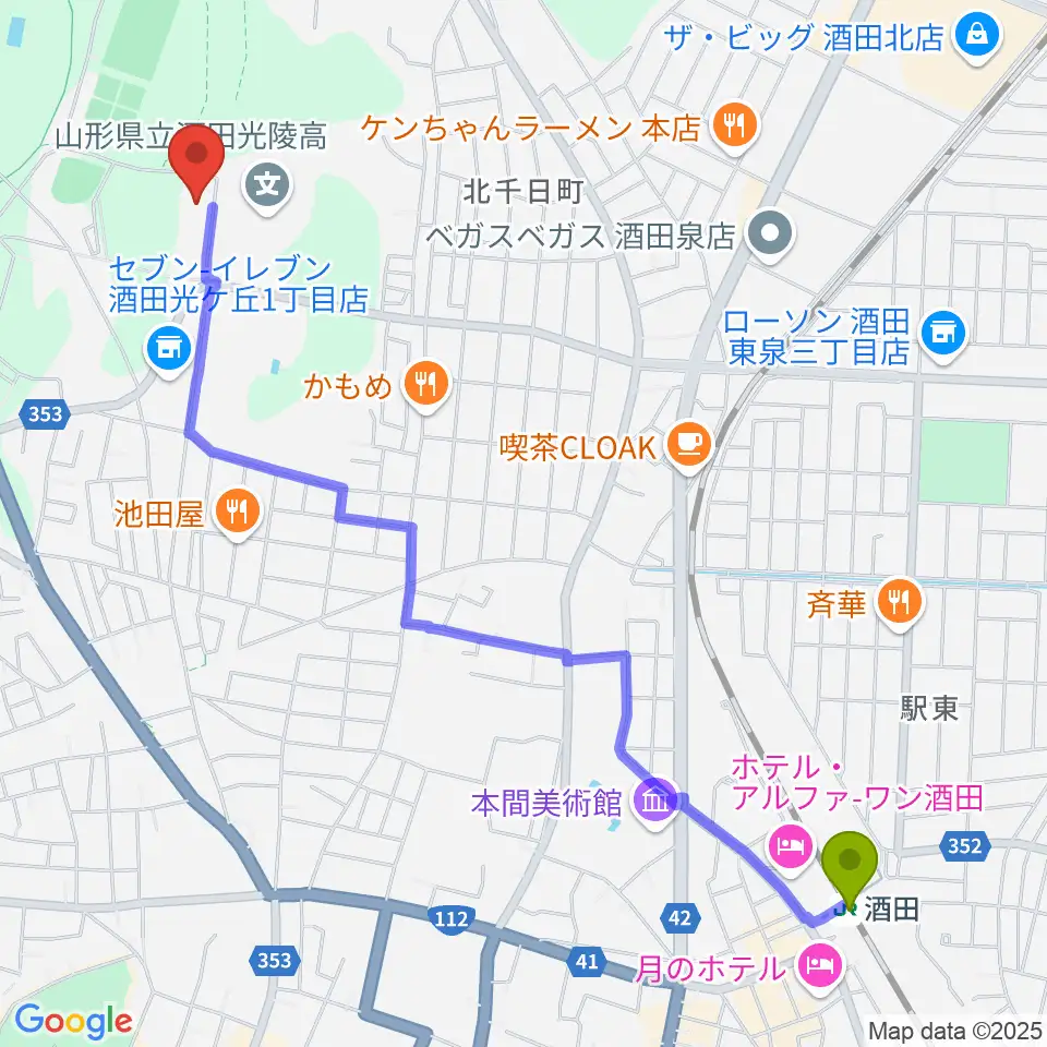 電機鉄工武道館の最寄駅酒田駅からの徒歩ルート（約27分）地図