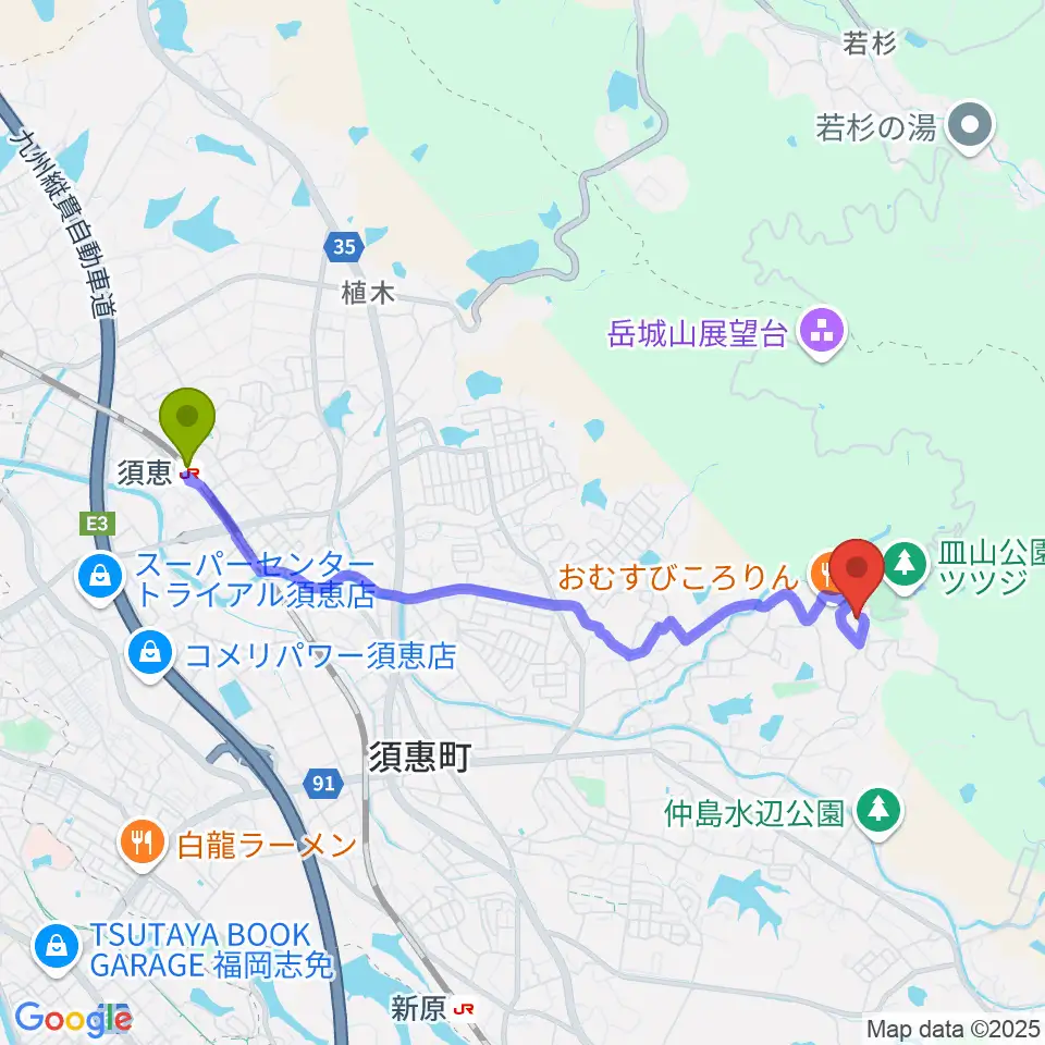 須恵駅から須恵町立歴史民俗資料館へのルートマップ地図