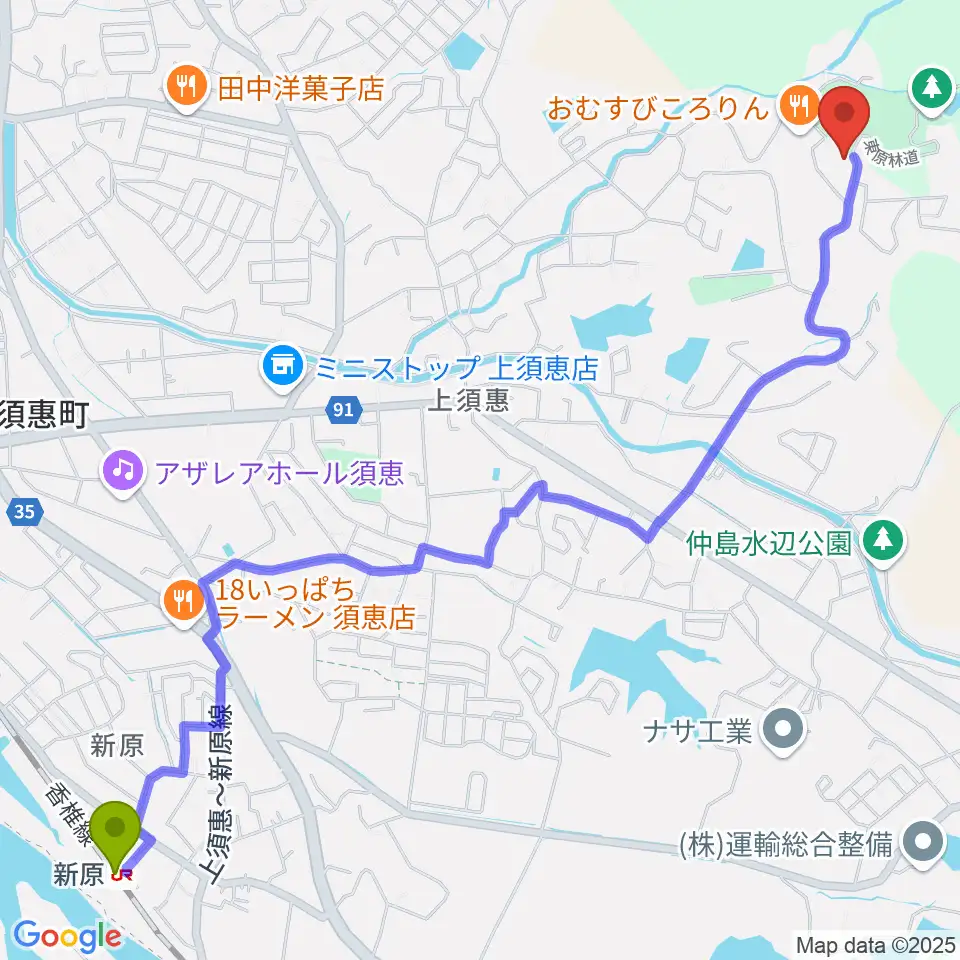 新原駅から須恵町立歴史民俗資料館へのルートマップ地図