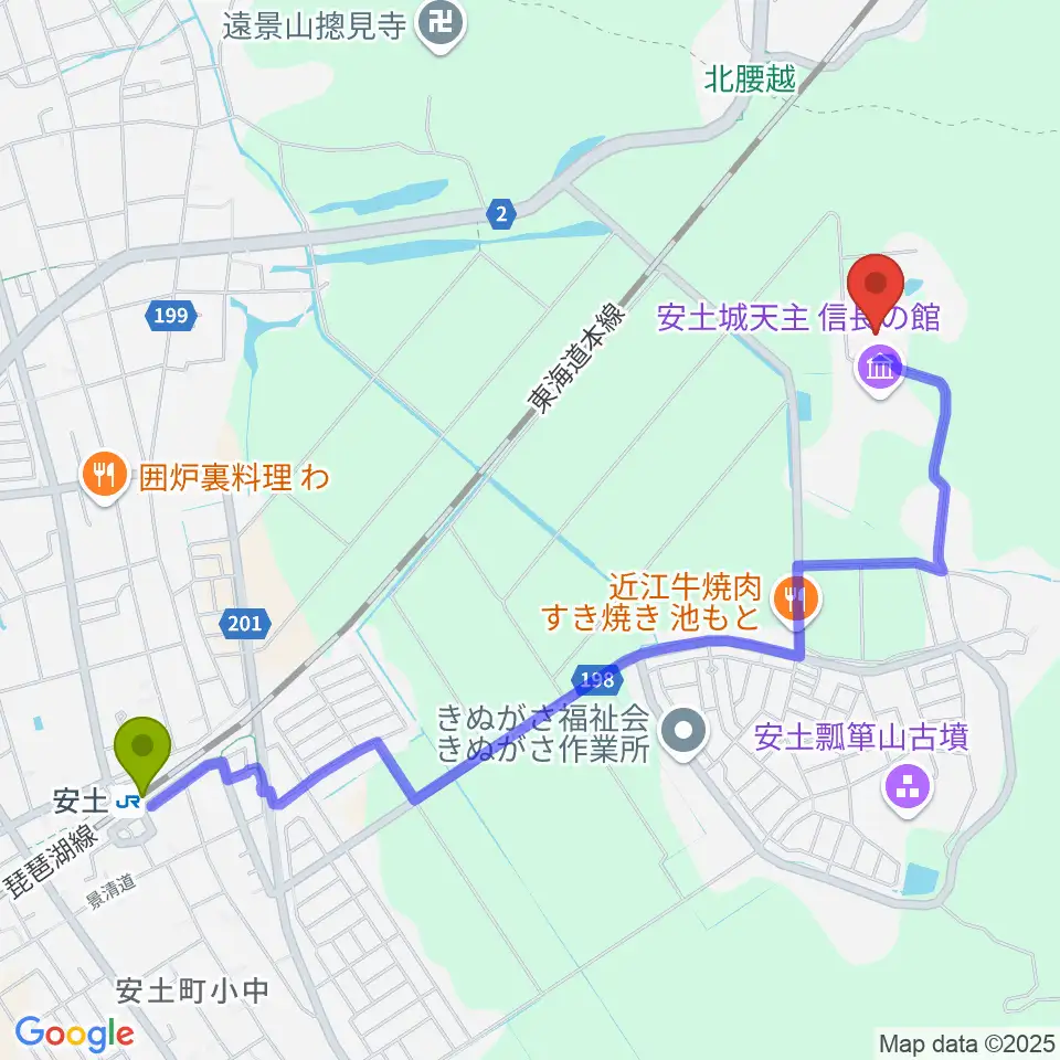 滋賀県立安土城考古博物館の最寄駅安土駅からの徒歩ルート（約26分）地図