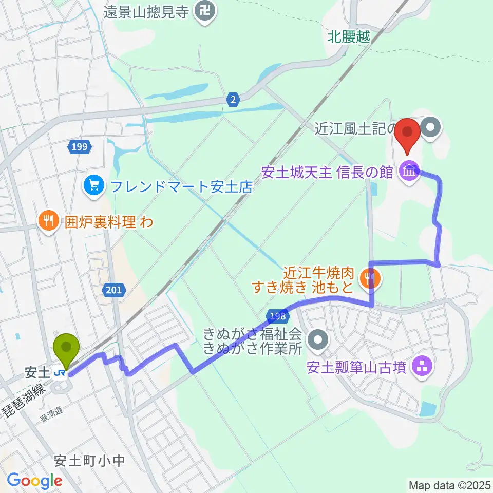 滋賀県立安土城考古博物館の最寄駅安土駅からの徒歩ルート（約26分）地図