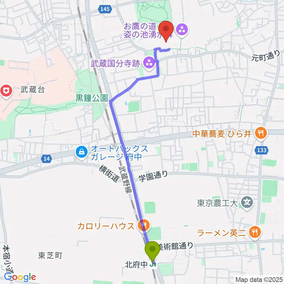 北府中駅から武蔵国分寺跡資料館へのルートマップ地図