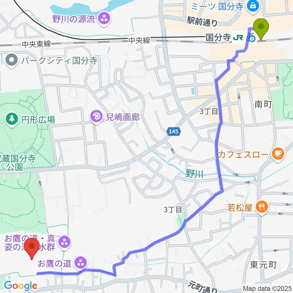 国分寺駅から武蔵国分寺跡資料館へのルートマップ地図