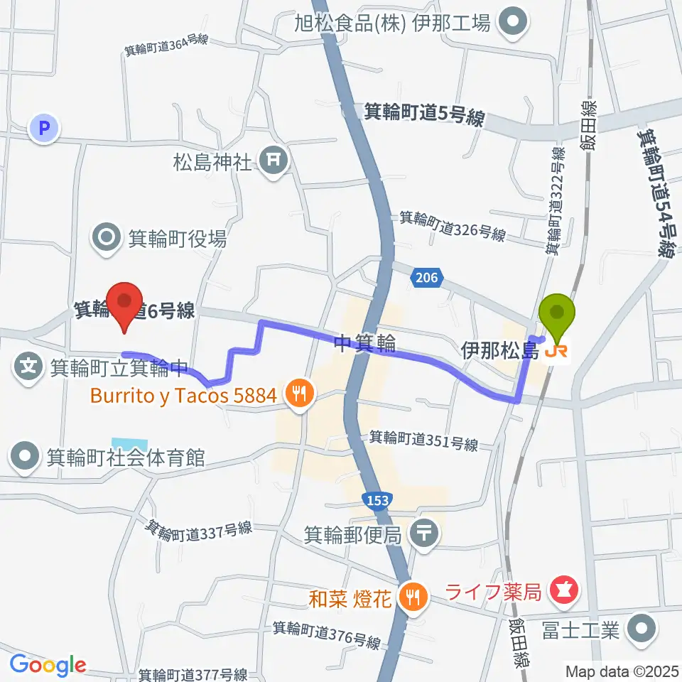 箕輪町郷土博物館の最寄駅伊那松島駅からの徒歩ルート（約10分）地図