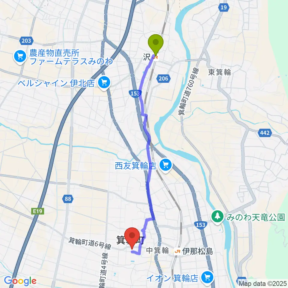 沢駅から箕輪町郷土博物館へのルートマップ地図