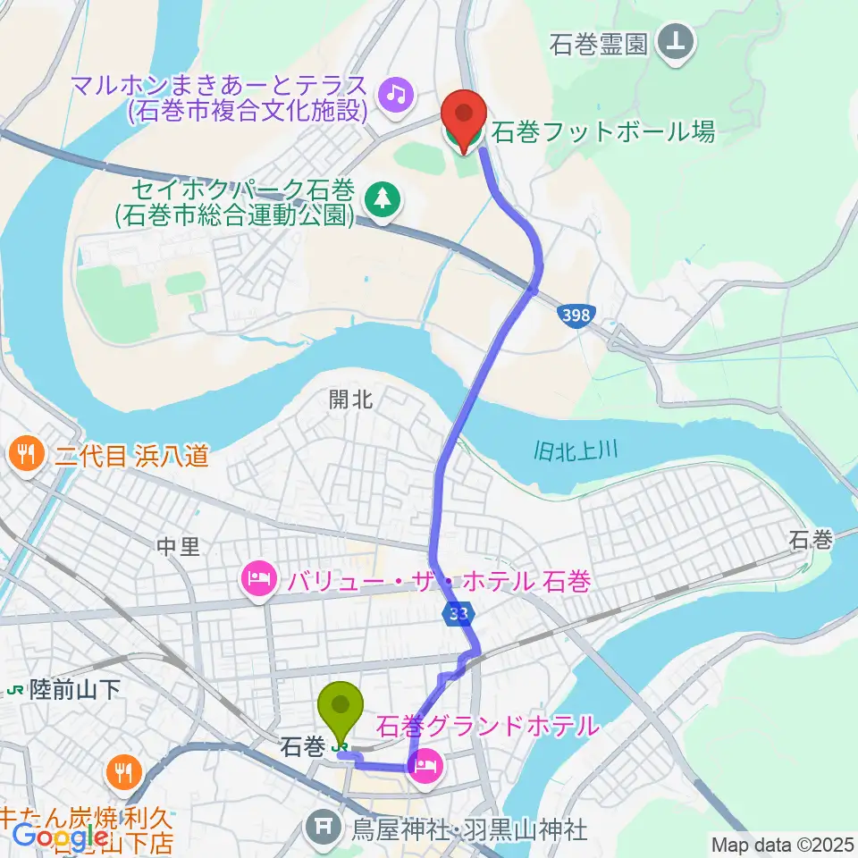 石巻駅から石巻フットボール場へのルートマップ地図