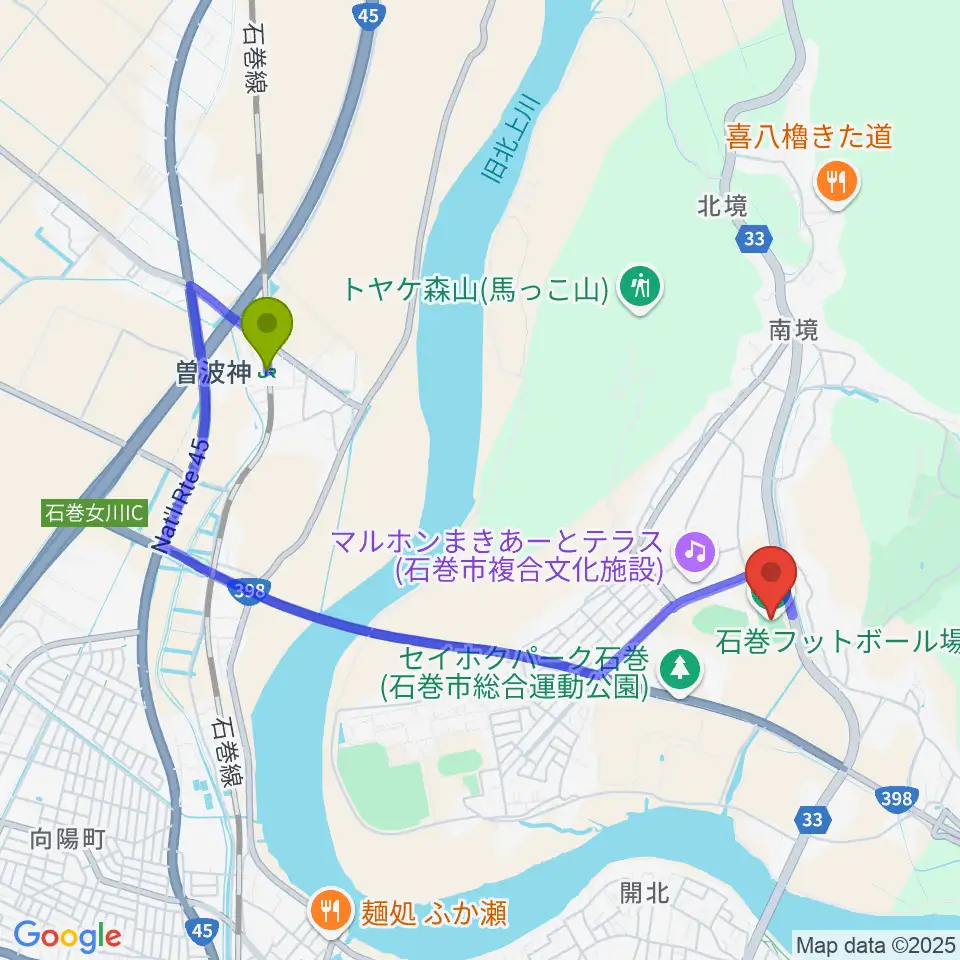 石巻フットボール場の最寄駅曽波神駅からの徒歩ルート（約35分）地図