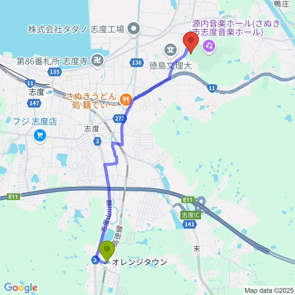 オレンジタウン駅から志度総合運動公園野球場へのルートマップ地図