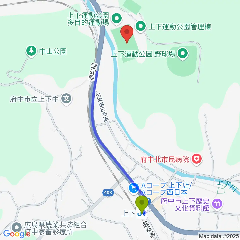 TTCスポーツパーク上下人工芝グラウンドの最寄駅上下駅からの徒歩ルート（約11分）地図