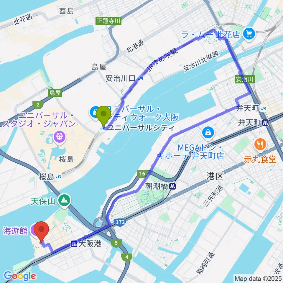 ユニバーサルシティ駅からテンポハーバーシアターへのルートマップ地図