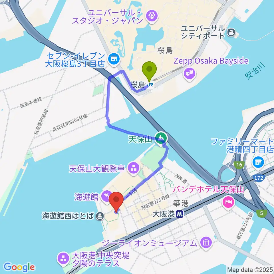 桜島駅からテンポハーバーシアターへのルートマップ地図