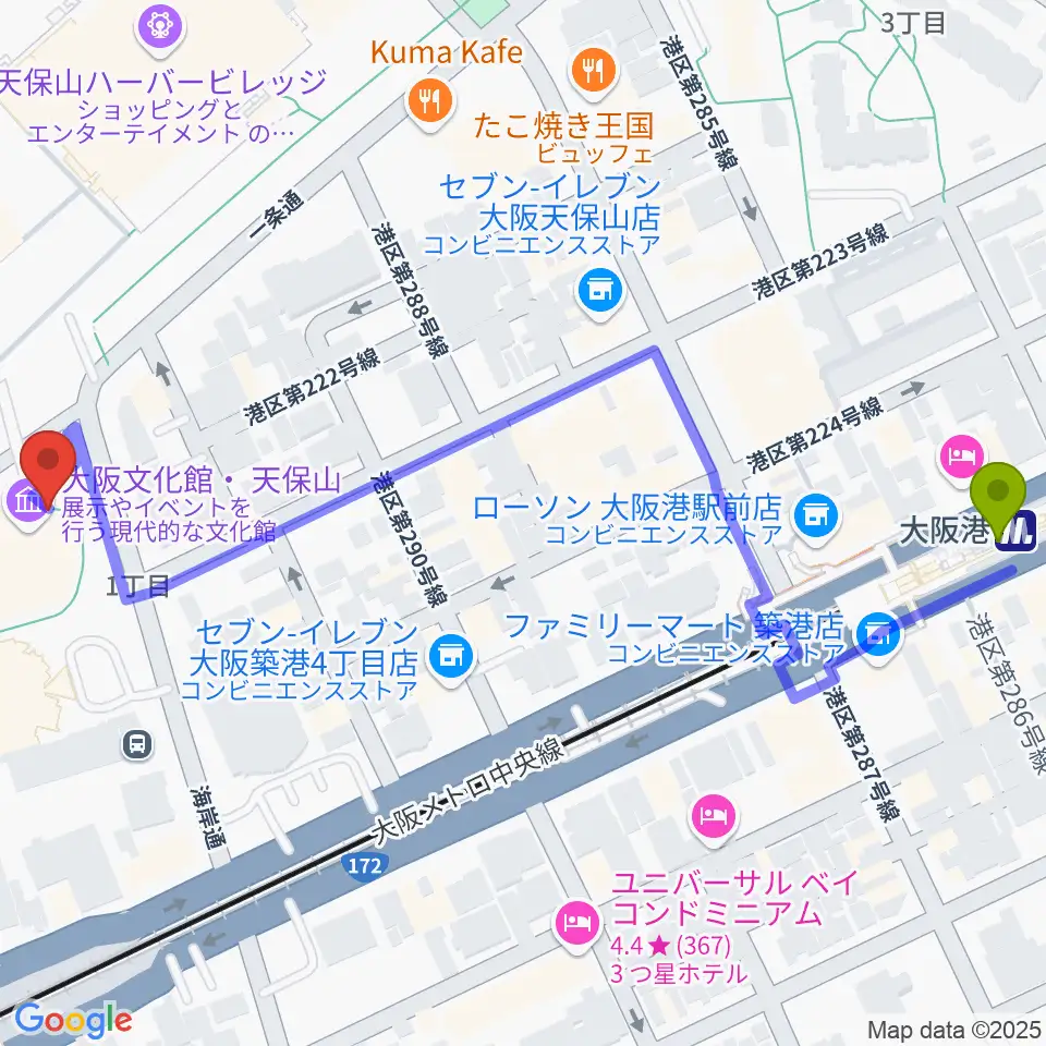 テンポハーバーシアターの最寄駅大阪港駅からの徒歩ルート（約7分）地図