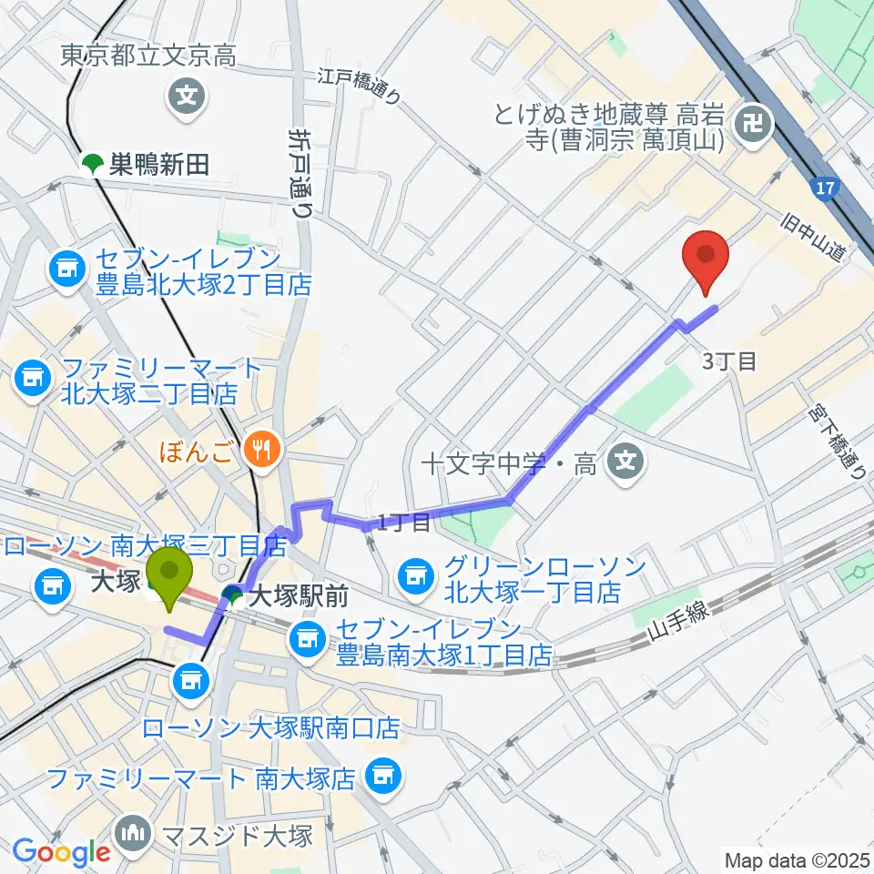 大塚駅からホワイトロードスタジオへのルートマップ地図