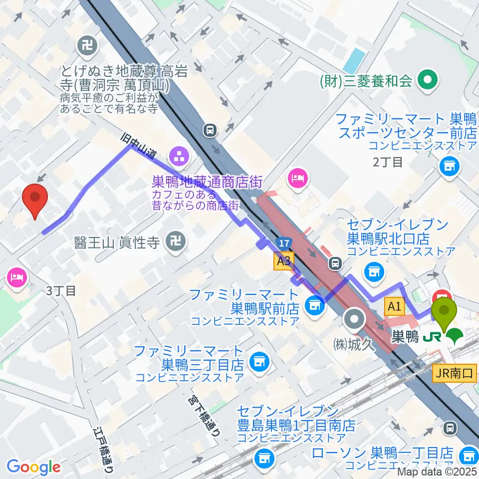 ホワイトロードスタジオの最寄駅巣鴨駅からの徒歩ルート（約7分）地図