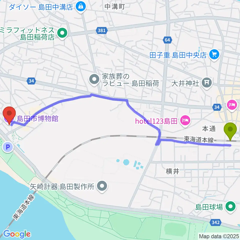 島田駅から島田市博物館へのルートマップ地図