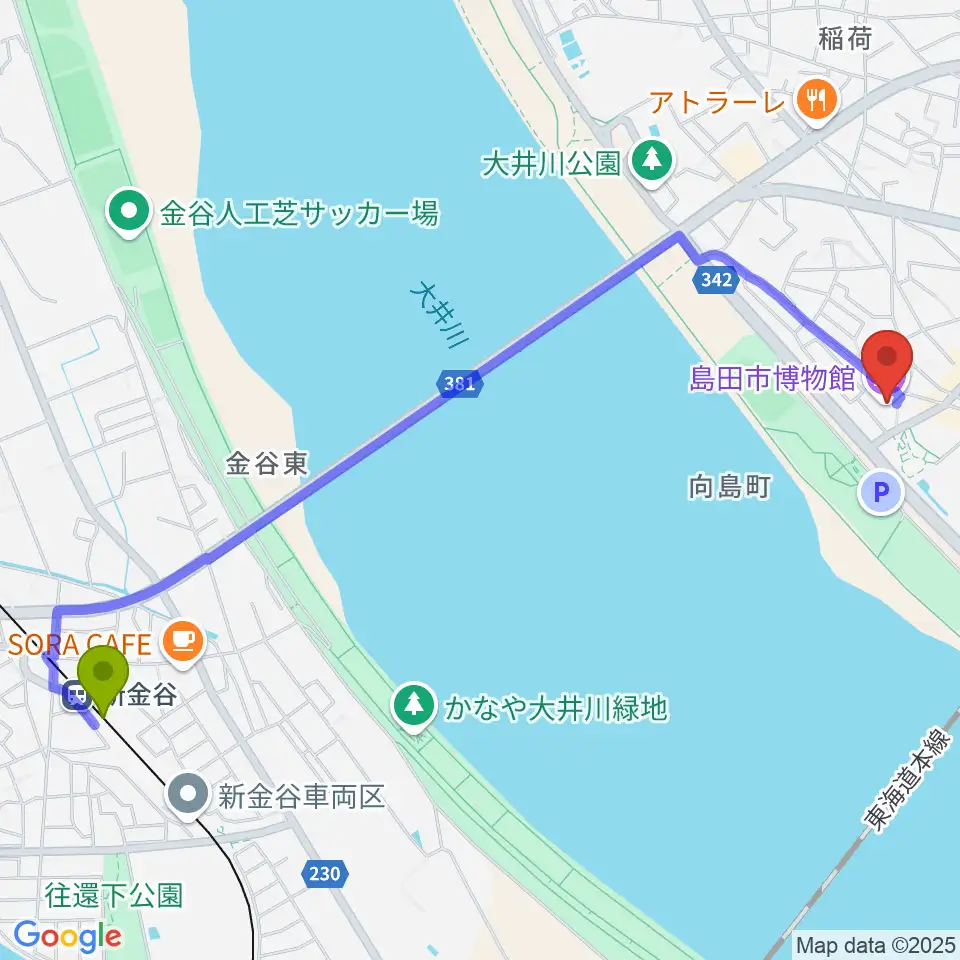 島田市博物館の最寄駅新金谷駅からの徒歩ルート（約28分）地図