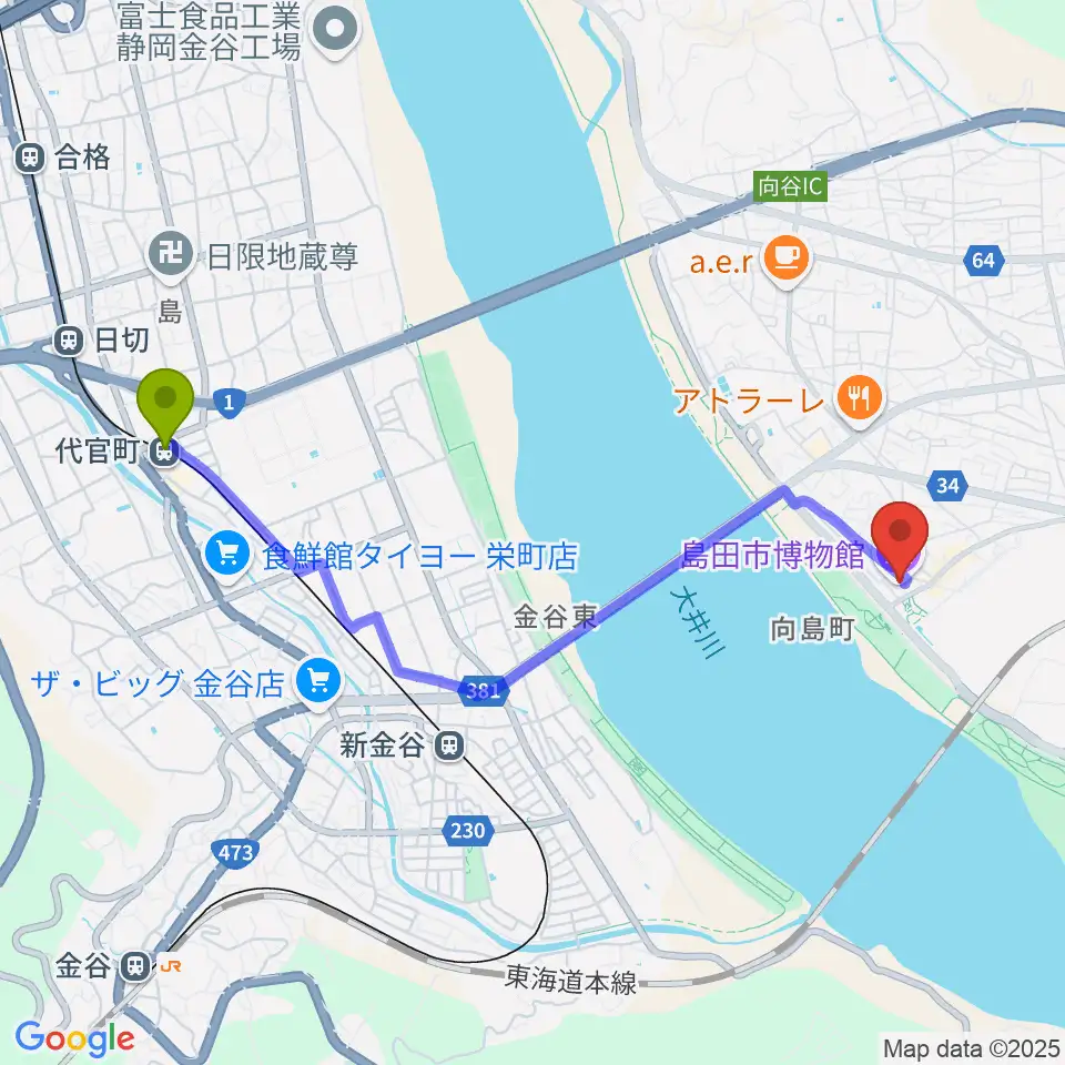 代官町駅から島田市博物館へのルートマップ地図