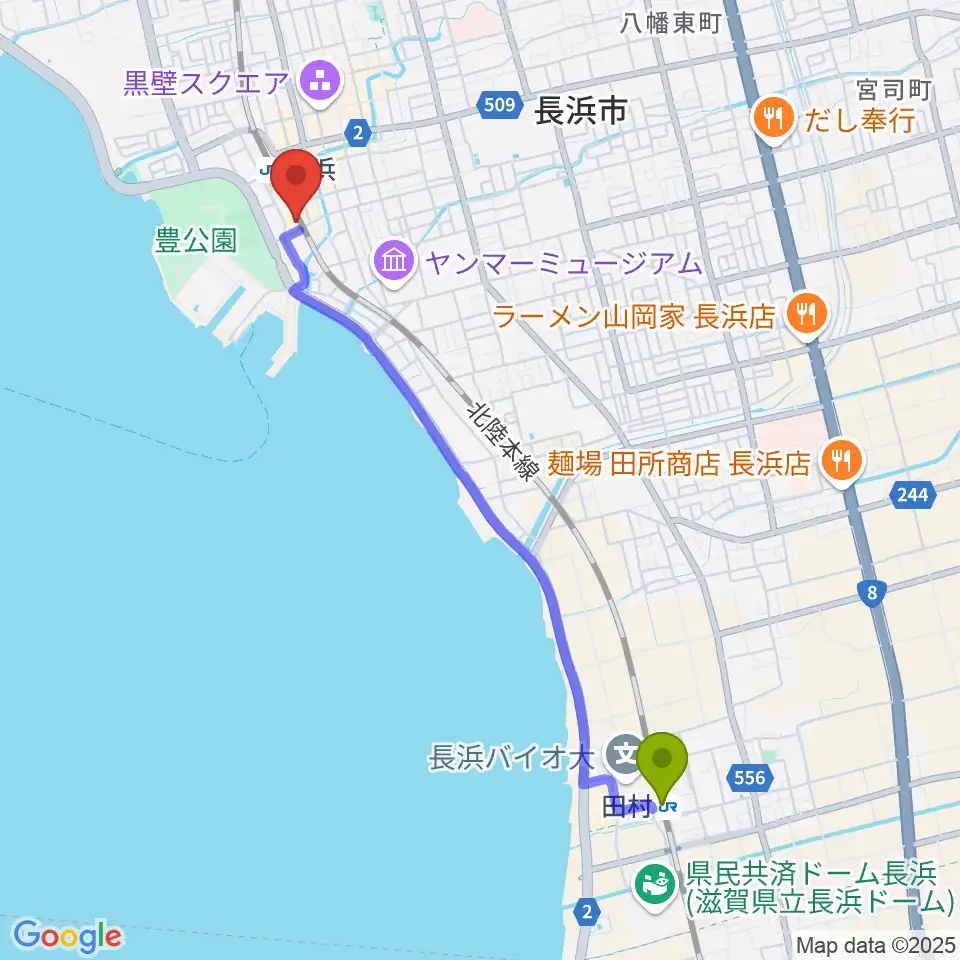 田村駅から長浜鉄道スクエアへのルートマップ地図