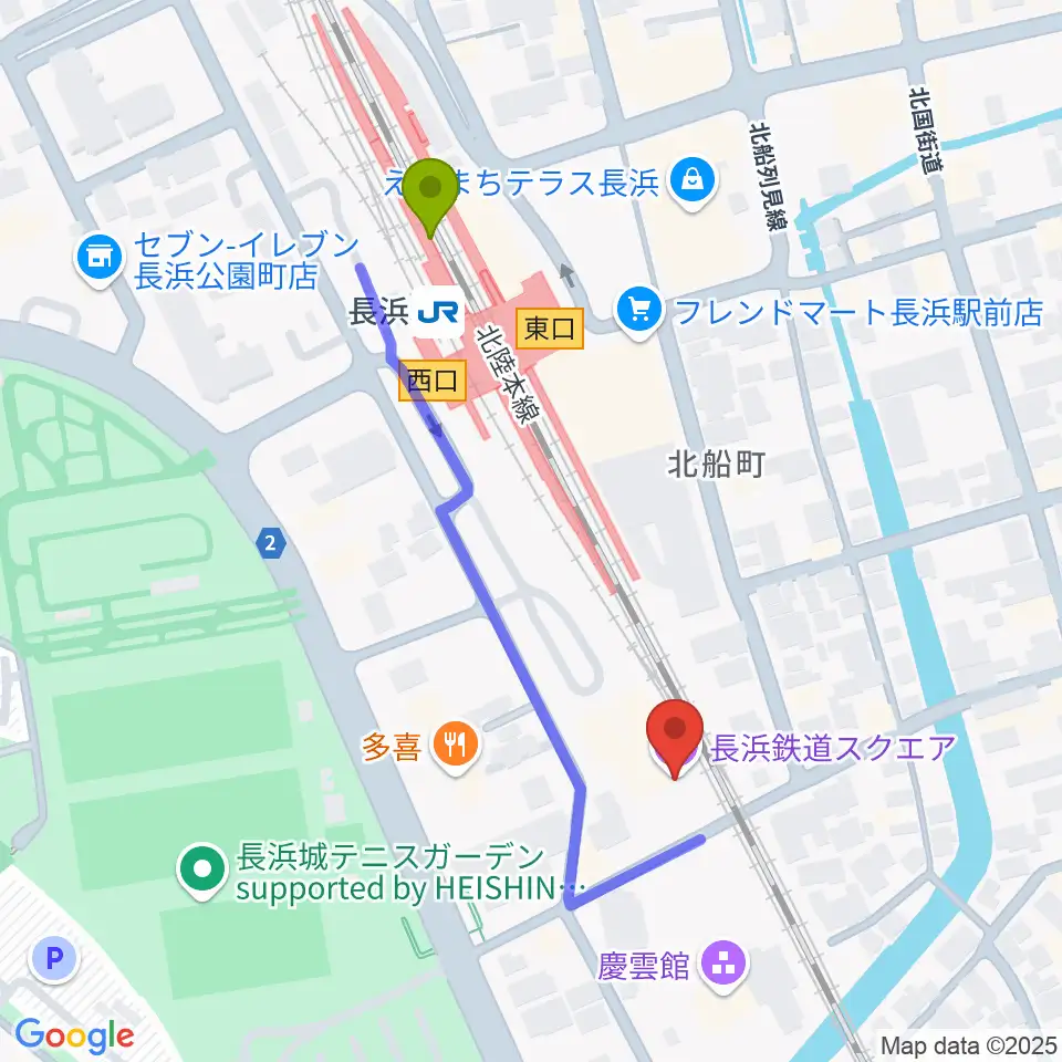 長浜鉄道スクエアの最寄駅長浜駅からの徒歩ルート（約4分）地図