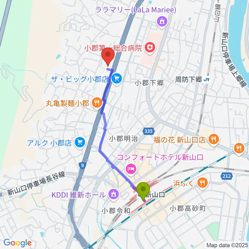 新山口駅から山口市小郡文化資料館へのルートマップ地図