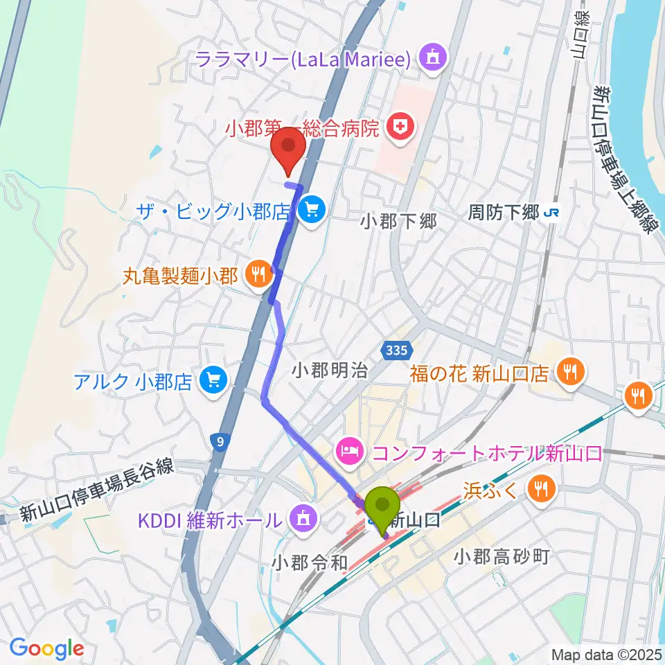 新山口駅から山口市小郡文化資料館へのルートマップ地図