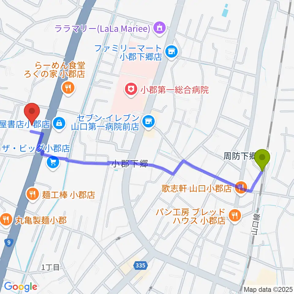 山口市小郡文化資料館の最寄駅周防下郷駅からの徒歩ルート（約13分）地図