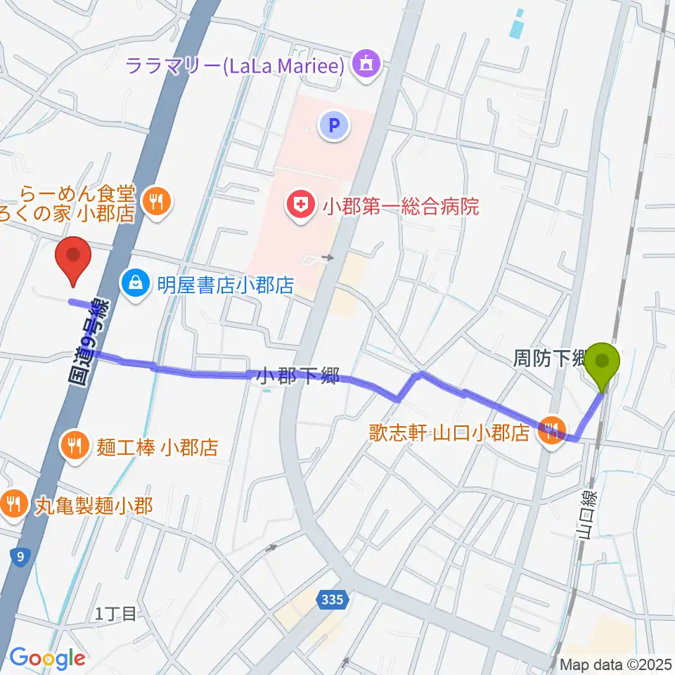 山口市小郡文化資料館の最寄駅周防下郷駅からの徒歩ルート（約13分）地図