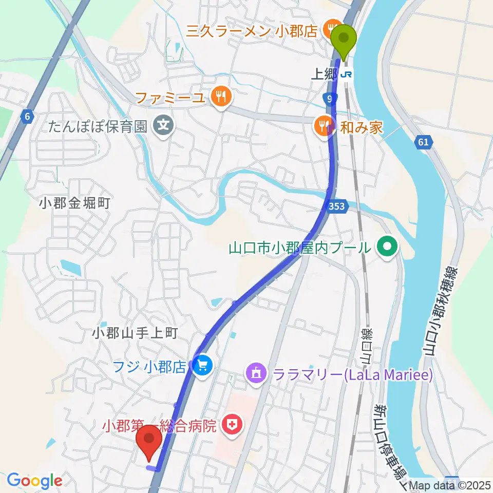 上郷駅から山口市小郡文化資料館へのルートマップ地図