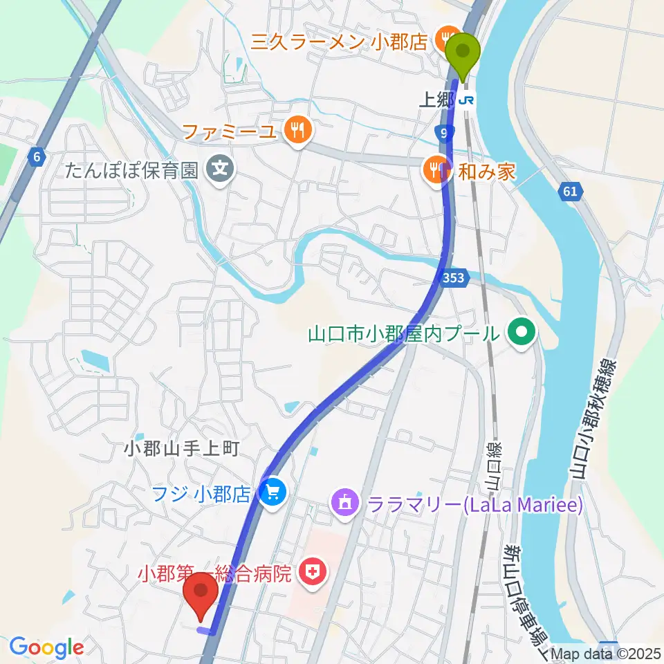 上郷駅から山口市小郡文化資料館へのルートマップ地図