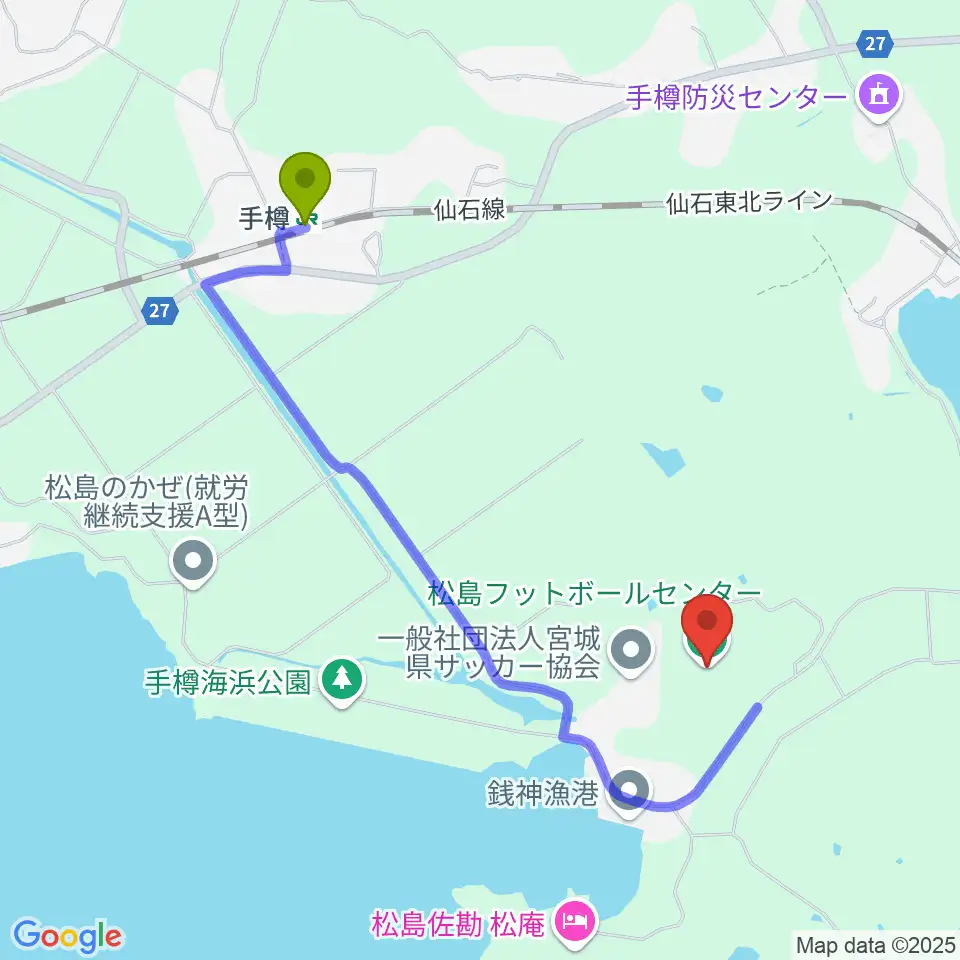 手樽駅から松島フットボールセンターへのルートマップ地図