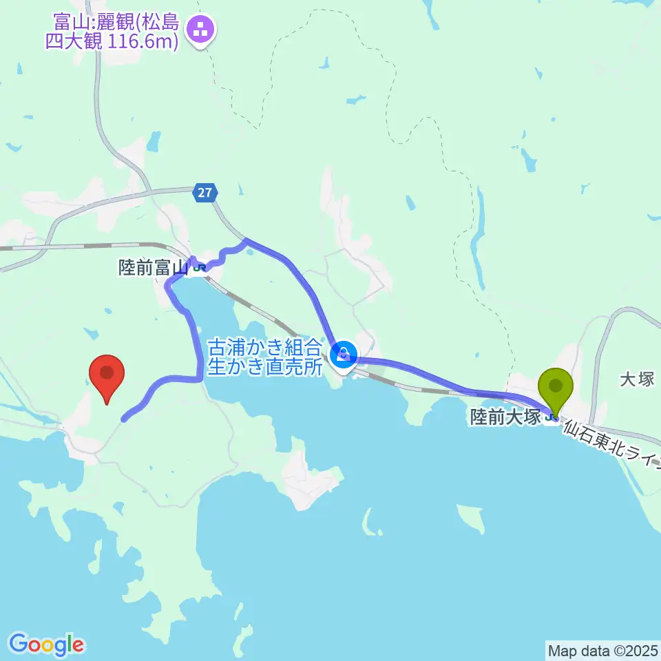 陸前大塚駅から松島フットボールセンターへのルートマップ地図