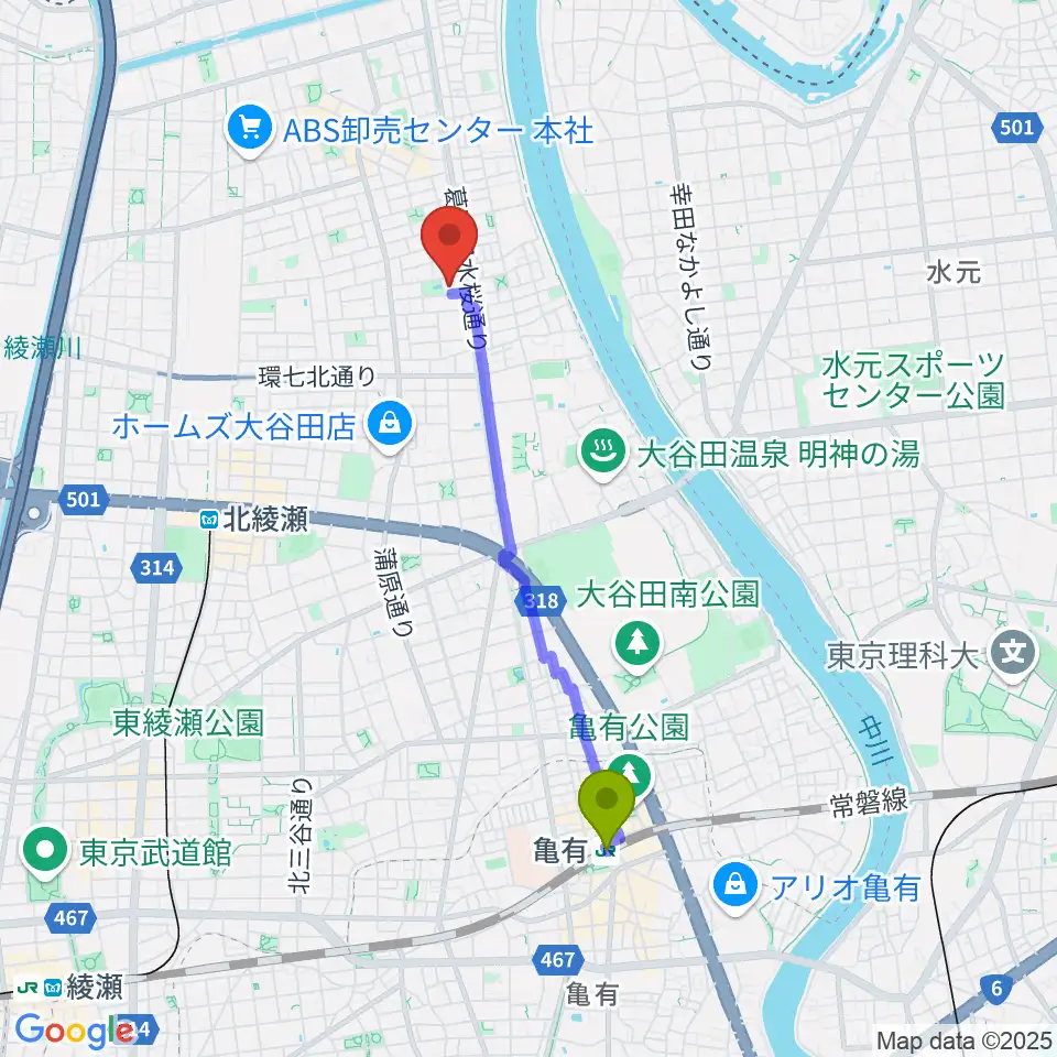 亀有駅から足立区立郷土博物館へのルートマップ地図