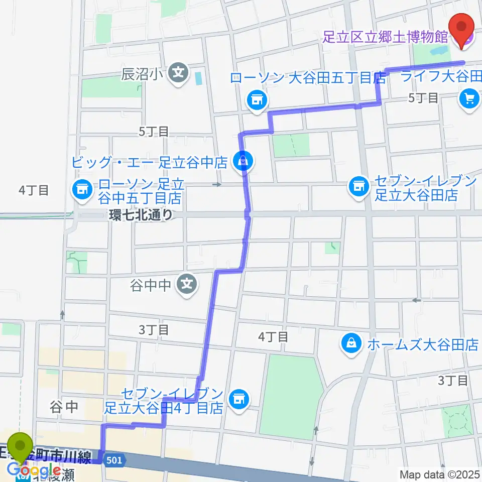 足立区立郷土博物館の最寄駅北綾瀬駅からの徒歩ルート（約20分）地図