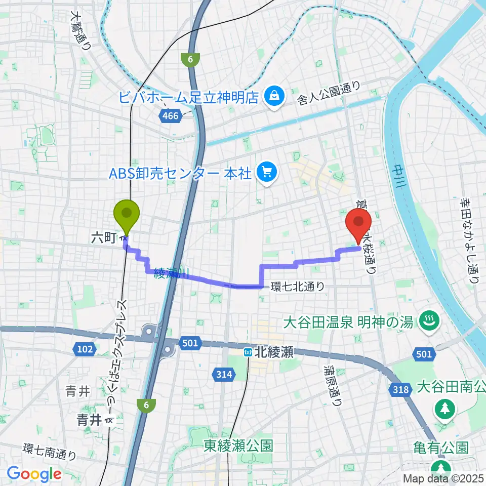 六町駅から足立区立郷土博物館へのルートマップ地図