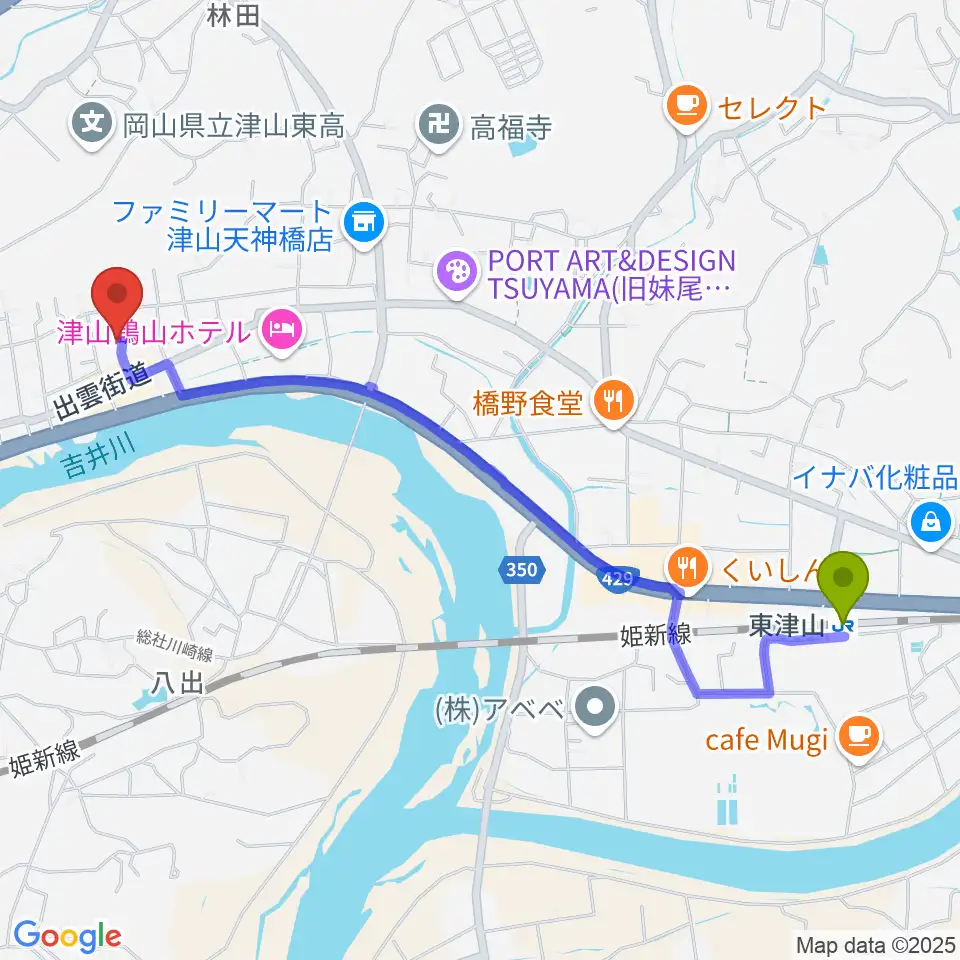 津山洋学資料館の最寄駅東津山駅からの徒歩ルート（約25分）地図