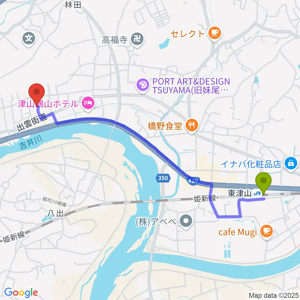 津山洋学資料館の最寄駅東津山駅からの徒歩ルート（約25分）地図