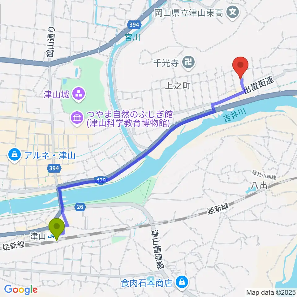 津山駅から津山洋学資料館へのルートマップ地図