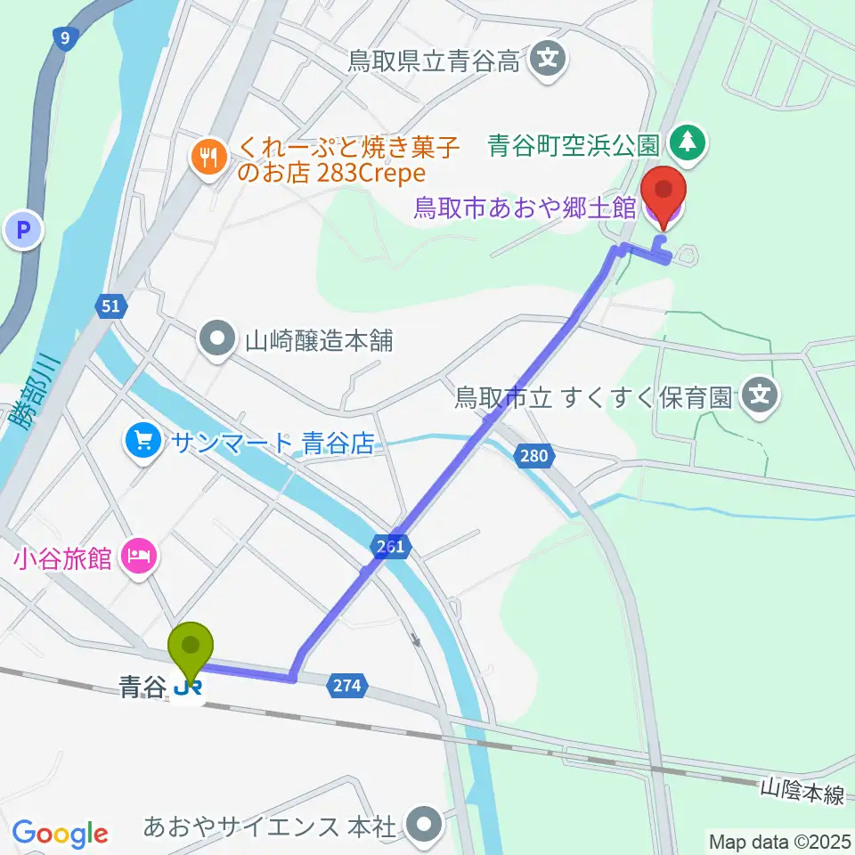 鳥取市あおや郷土館の最寄駅青谷駅からの徒歩ルート（約12分）地図