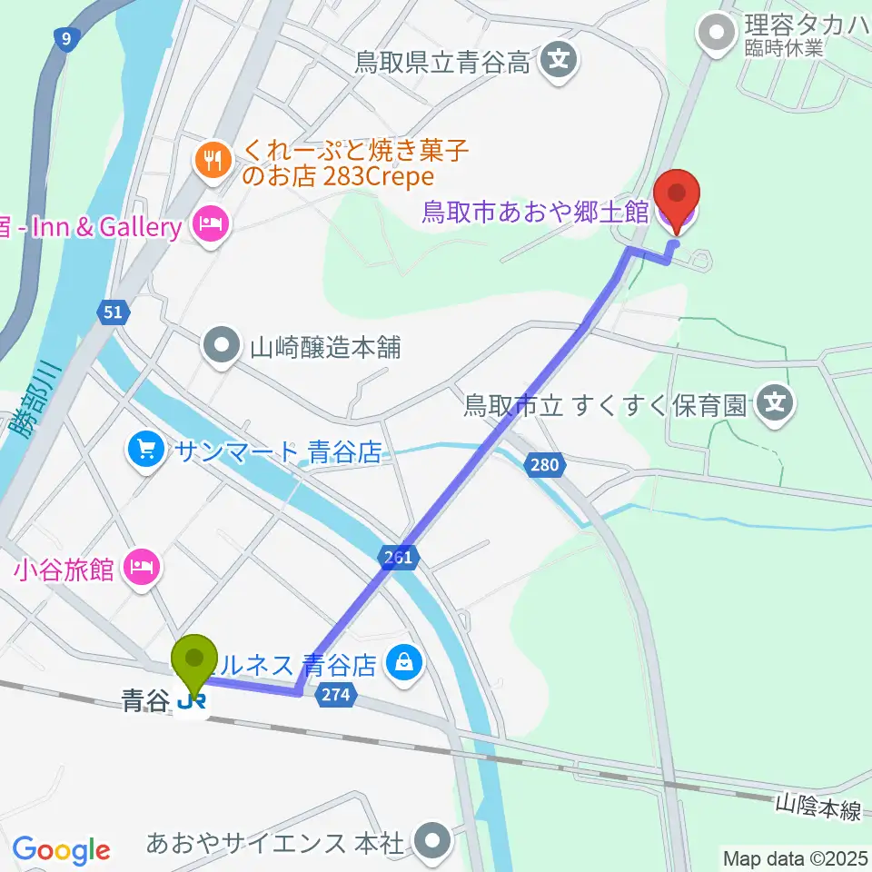 鳥取市あおや郷土館の最寄駅青谷駅からの徒歩ルート（約12分）地図